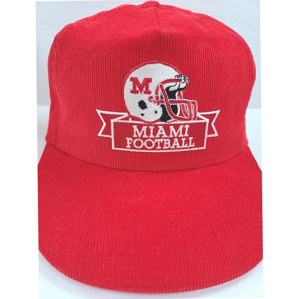 Vintage University Square Miami Football Corduroy Snapback Hat Red Made in USA